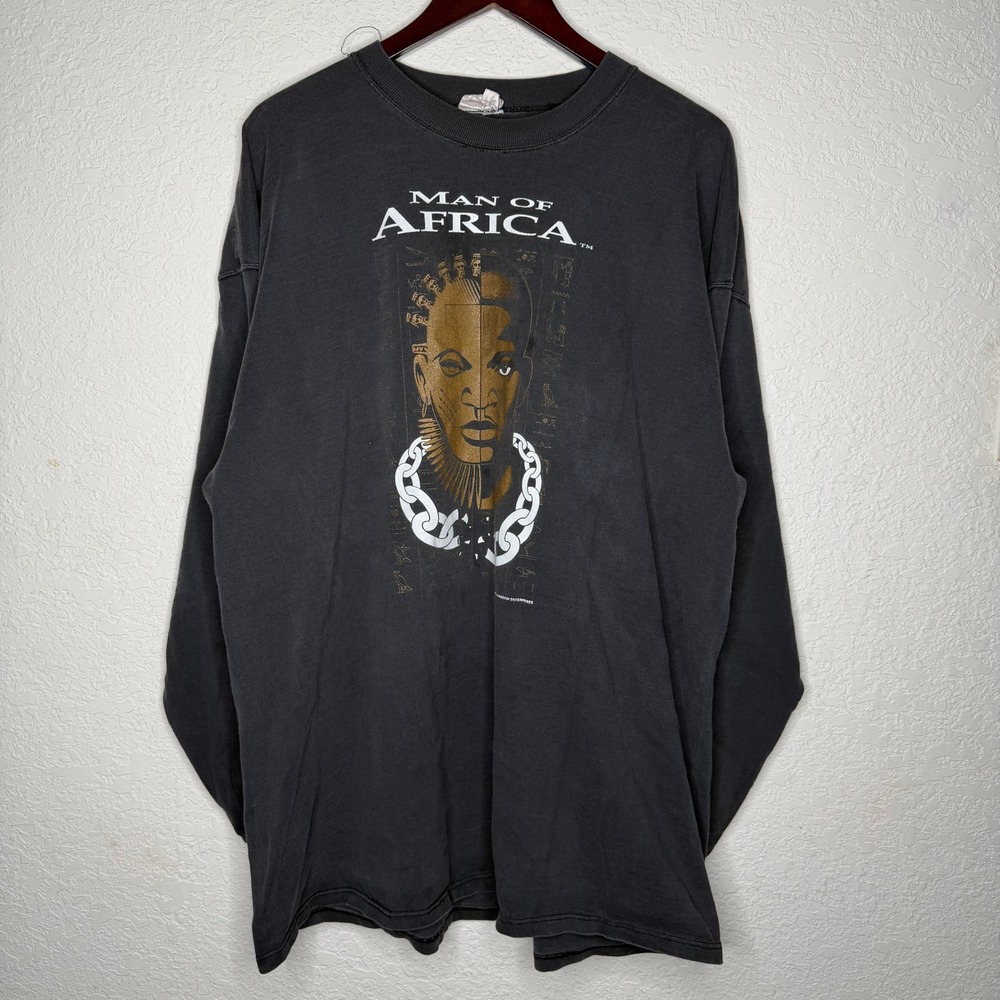 Vintage 1992 Man of Africa Long Sleeve Graphic TShirt Black Paradigm Enterprises